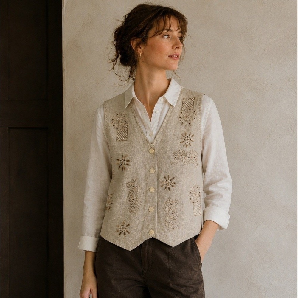 VTG Algo Embroidered Linen-Blend Vest Women's Size 10 Earth Tone Wooden Beads